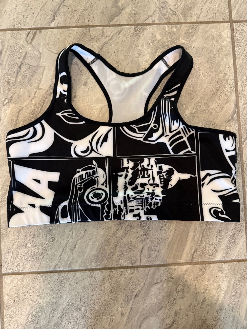 Fiercepulse White & Black Comic Book Sports Bra, Size XXL